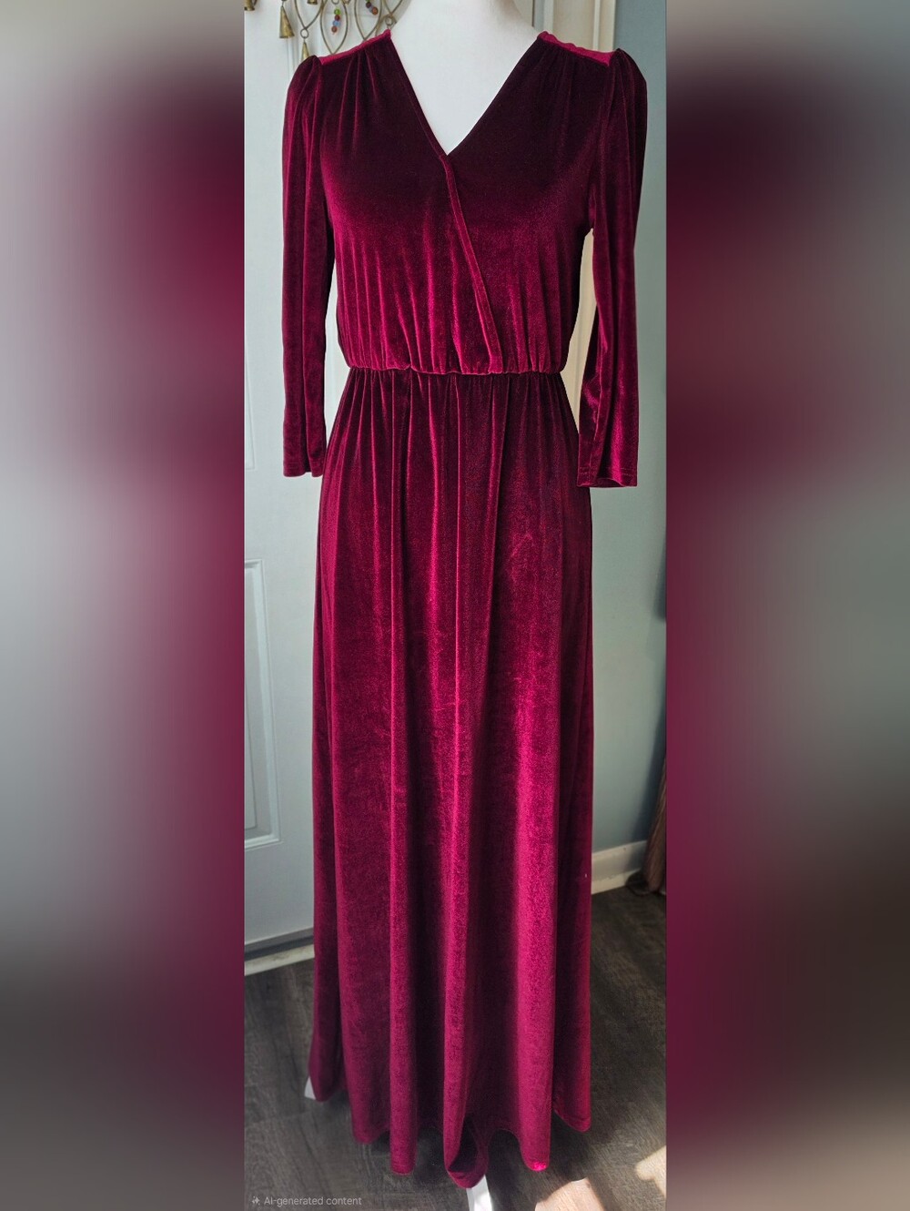 Baltic Born Sophia Velvet Faux Wrap Maxi Dress In Red Wine Women's S 3/4 Sleeve